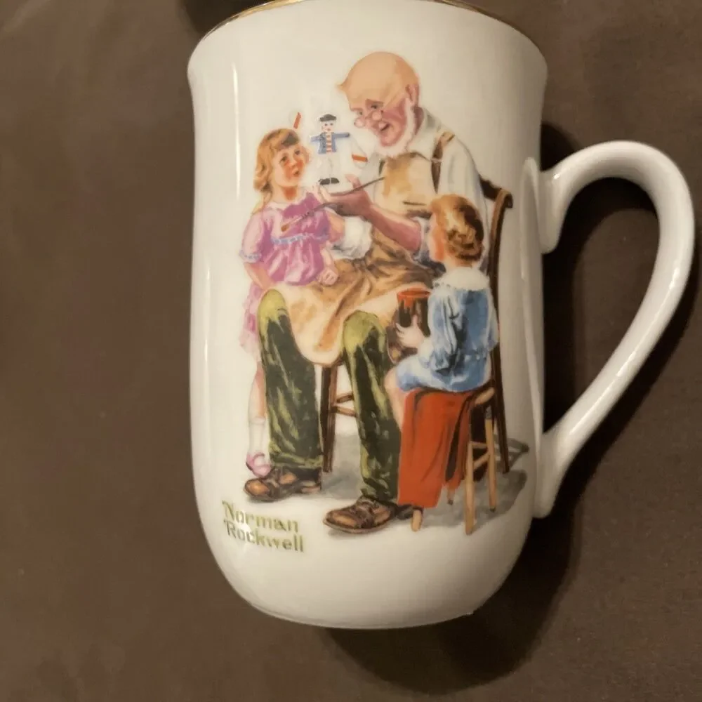 Norman Rockwell Toymaker Mug Lot of 4 Vintage 1982 Museum Gold Rim Cups